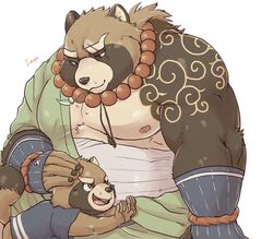  2020 anthro belly brown_body brown_fur canid canine cddi_h clothing duo fur gyobu&#039;s_underlings gyobu_(tas) humanoid_hands leaf lifewonders male mammal moobs nipples overweight overweight_male raccoon_dog robe scar simple_background tanuki tattoo tokyo_afterschool_summoners young young_anthro 