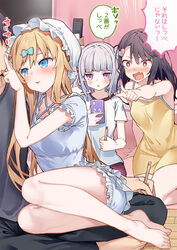  1boy 3girls akizuki_kei bare_arms bare_shoulders barefoot black_hair blonde_hair blue_eyes blush broken_heart brother_and_sister cellphone chestnut_mouth commentary controller double_bun dress flat_screen_tv frilled_shorts frills grey_hair gym_shirt hair_bun hair_ornament heart heart_hair_ornament holding holding_phone indoors itou_chieri king_game legs multiple_girls munakata_hinano munakata_isaomi nose_blush oerba_yun_fang open_mouth original parted_lips phone purple_eyes purple_shorts red_eyes remote_control shirt short_shorts short_sleeves shorts siblings sleeveless sleeveless_dress tears television tokuno_yuika translated v-shaped_eyebrows white_shirt white_shorts wooden_floor yellow_dress 