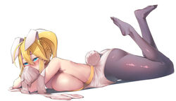  aki_(akikaze_asparagus) animal_ears artoria_pendragon_(fate) artoria_pendragon_(swimsuit_ruler)_(fate) bare_shoulders blonde_hair blue_eyes breasts commentary_request covered_mouth fate/grand_order fate_(series) feet_up female fishnets hair_between_eyes huge_breasts leotard long_hair looking_away lying on_stomach pantyhose playboy_bunny ponytail purple_pantyhose rabbit_ears sideboob sidelocks simple_background solo the_pose white_background white_leotard wrist_cuffs 