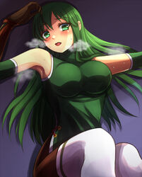  black_thighhighs blush breasts female fire_emblem fire_emblem:_shadow_dragon fire_emblem_heroes gloves green_eyes green_hair heavy_breathing highres long_hair lying on_back open_mouth palla_(fire_emblem) solo sweat thighhighs thighs waiting_for_kiss yozu_(yozu0420) 