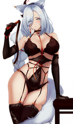  absurdres animal_ears autumn_boar bad_id bad_pixiv_id bare_shoulders black_bra black_gloves black_legwear black_panties blue_eyes blush bra braid breasts cat_ears cat_o&#039;_nine_tails cleavage elbow_gloves female garter_belt genshin_impact gloves hair_over_one_eye half-closed_eyes highres large_breasts lingerie long_hair low-braided_long_hair low-tied_long_hair panties shenhe_(genshin_impact) tail thighhighs underwear whip white_hair 