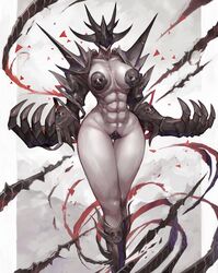  abs absurdres armor breasts clawed_gauntlets collarbone female gauntlets greaves helmet highres monster_girl muscular muscular_female no_mouth original pauldrons shoulder_armor solo spiked_helmet spikes sumosamo thighs vambraces 