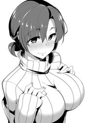  blush boudica_(fate) breasts closed_mouth commentary_request cropped_torso fate/grand_order fate_(series) female fingernails fue_(rhomphair) greyscale hair_between_eyes hands_on_own_chest highres large_breasts long_sleeves looking_at_viewer monochrome ribbed_sweater simple_background sleeves_past_wrists smile solo sweater turtleneck turtleneck_sweater upper_body white_background 