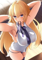  absurdres armpits arms_behind_head arms_up asakura_kukuri backlighting bare_shoulders blonde_hair blue_eyes blue_necktie blue_panties blue_ribbon blue_thighhighs blush braid breasts collared_shirt commentary_request fate/apocrypha fate_(series) female hair_between_eyes hickey highres jeanne_d&#039;arc_(fate) jeanne_d&#039;arc_(girl_from_orleans)_(fate) large_breasts long_hair looking_at_viewer mouth_hold necktie panties ribbon shirt sleeveless sleeveless_shirt smile solo thighhighs thighs underwear very_long_hair white_shirt 