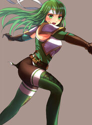  armor attack black_legwear boots breastplate female fire_emblem fire_emblem:_shadow_dragon fire_emblem_heroes gloves green_eyes green_hair headband highres long_hair open_mouth palla_(fire_emblem) pantyhose red_scarf scarf solo thigh_boots thighhighs thighs yozu_(yozu0420) 