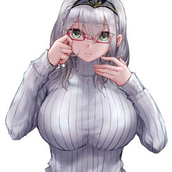  alternate_costume bespectacled braid breasts chinese_commentary circlet closed_mouth commentary_request female french_braid glasses green_eyes grey_hair grey_sweater hair_between_eyes highres hololive large_breasts long_sleeves looking_at_viewer medium_hair partial_commentary red-framed_eyewear ribbed_sweater shirogane_noel simple_background solo sweater turtleneck turtleneck_sweater upper_body virtual_youtuber wavy_hair white_background white_sweater yeklsa 