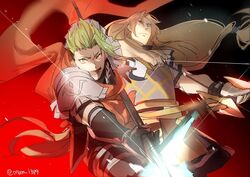  2boys achilles_(fate) armor bad_id bad_twitter_id bow_(weapon) brown_hair chiron_(fate) drawing_bow fate/apocrypha fate_(series) floating_hair glowing glowing_weapon green_eyes green_hair holding holding_bow_(weapon) holding_weapon long_hair low-tied_long_hair male_focus manly multiple_boys no-kan polearm scarf spear weapon yellow_eyes 