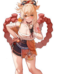  :o arm_tattoo bandaged_wrist bandages bangs bare_shoulders blonde_hair blush breasts budget_sarashi butterfly_choker chest_tattoo choker cleavage collarbone cowboy_shot crossed_bangs female fingerless_gloves fish_tattoo genshin_impact gloves hair_between_eyes hair_ornament hand_on_hip high_ponytail highres index_finger_raised japanese_clothes kimono large_breasts looking_at_viewer medium_hair nail_polish obi orange_kimono parted_lips ponytail red_choker red_nails rope sarashi sash shimenawa sidelocks simple_background solo tattoo thighs vierzeck vision_(genshin_impact) white_background yellow_eyes yoimiya_(genshin_impact) 