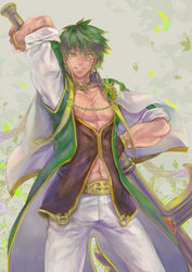  1boy archbishop_(ragnarok_online) bangs bare_chest belt_buckle brooch brown_gloves buckle capelet chains collared_capelet commentary_request cowboy_shot cross eyebrows_visible_through_hair facial_scar fingerless_gloves gloves green_eyes green_hair green_jacket hair_between_eyes holding holding_cross jacket jewelry large_cross leaf looking_at_viewer male_focus misuguu muscle navel open_clothes open_mouth pants ragnarok_online scar scar_on_cheek short_hair short_sleeves signature solo standing teeth white_capelet white_pants 