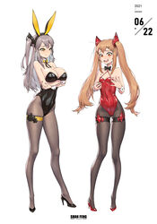  2girls alternate_breast_size alternate_costume animal_ears black_nails blush breast_conscious breast_size_switch breasts dated diamond_(shape) fake_animal_ears fake_tail girls&#039;_frontline grey_hair high_heels highres large_breasts leotard light_brown_hair long_hair long_legs multiple_girls nail_polish one_side_up ouer_moyu pantyhose playboy_bunny rabbit_ears rabbit_tail red_nails scar scar_across_eye scar_on_face small_breasts smile spade_(shape) tail twintails ump45_(girls&#039;_frontline) ump9_(girls&#039;_frontline) very_long_hair 