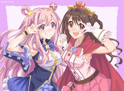  &gt;:) 2girls :d :q armpits border bow bowtie breasts brown_eyes brown_hair cloak detached_sleeves frills gloves hair_between_eyes hair_ornament hair_rings hatsune_(princess_connect!) heart heart_print holding_hands idolmaster idolmaster_cinderella_girls interlocked_fingers large_breasts long_hair multiple_girls oohashi_ayaka open_mouth outside_border pink_border pink_hair princess_connect! purple_eyes purple_sleeves red_cloak seryu_oekaki shimamura_uzuki sidelocks sleeveless smile star_(symbol) star_hair_ornament star_ornament tongue tongue_out twitter_username v-shaped_eyebrows w_over_eye white_background white_gloves 