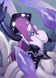  arm_up armpits arqa bare_shoulders black_gloves blurry blurry_foreground breasts cleavage colored_skin commentary elbow_gloves english_commentary female gloves hair_over_one_eye kraken_(monster_girl_encyclopedia) large_breasts long_hair monster_girl monster_girl_encyclopedia navel purple_eyes purple_hair purple_skin scylla solo suction_cups tentacle 