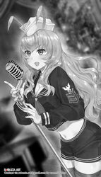  alternate_costume antennae artist_name azur_lane blurry blurry_background blush breasts cleavage commentary_request commission cowboy_shot crop_top cropped_shirt female fingernails greyscale hat highres holding holding_microphone_stand large_breasts long_hair long_sleeves looking_at_viewer medium_bangs microphone microphone_stand midriff monochrome navel neckerchief open_mouth robusta_mania sailor_hat school_uniform serafuku short_shorts shorts sidelocks smile solo thighhighs v-shaped_eyebrows wasp_(azur_lane) wavy_hair 