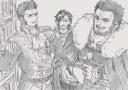  3boys armor ascot bad_id bad_twitter_id beard book bookshelf boy_sandwich breastplate cape epaulettes facial_hair fate/grand_order fate/zero fate_(series) goatee greyscale iduhara_jugo iskandar_(fate) library long_sideburns long_sleeves male_focus mandricardo_(fate) mature_male military military_uniform monochrome multicolored_hair multiple_boys napoleon_bonaparte_(fate) open_book open_mouth pants pectorals reading sandwiched short_hair sideburns smile two-tone_hair uniform 