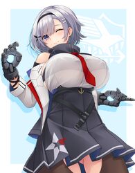  absurdres aqua_background azur_lane bare_shoulders belt black_belt black_hairband black_headband blush breasts closed_mouth commentary covered_nipples eagle_union_(emblem) female grey_hair hair_between_eyes hair_ornament hairband hairclip headband highres huge_breasts jacket large_breasts long_sleeves looking_at_viewer metal_gloves nameko_houshi necktie one_eye_closed purple_eyes red_necktie reno_(azur_lane) see-through shirt short_hair skirt smile solo two-tone_background two-tone_skirt underboob white_background 