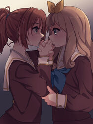  2girls absurdres blonde_hair blue_eyes bow commentary_request eye_contact hairbow hibike!_euphonium highres holding_hands indoors kitauji_high_school_uniform long_hair looking_at_another multiple_girls nakagawa_natsuki ponytail purple_eyes red_hair school_uniform tennosuke_(tejons) upper_body yoshikawa_yuuko yuri 