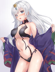  absurdres anastasia_(fate) bare_shoulders blue_eyes breasts cleavage collarbone commentary_request cosplay cowboy_shot fate/grand_order fate_(series) female frown hair_ornament highres japanese_clothes large_breasts long_hair looking_at_viewer navel off_shoulder open_mouth ponta_(velmar) revealing_clothes shuten_douji_(fate) shuten_douji_(fate)_(cosplay) solo stomach thighs white_hair wide_sleeves 