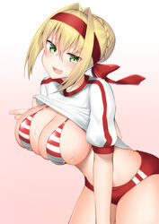  ahoge blonde_hair blush braid breasts buruma commentary_request fate/extra fate/grand_order fate_(series) female french_braid green_eyes gym_shirt hair_bun hair_intakes headband highres kitajima_yuuki large_breasts long_hair looking_at_viewer nero_claudius_(fate) nero_claudius_(olympian_bloomers)_(fate) official_alternate_costume open_mouth partial_commentary red_buruma red_headband shirt single_hair_bun smile 