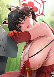  animal_ears bare_shoulders black_eyes black_hair blue_archive blush breast_curtain breasts elbow_gloves female gloves halo highres huge_breasts inue_shinsuke looking_at_viewer miniskirt open_mouth raccoon_ears red_gloves red_halo red_sailor_collar red_skirt rope_belt sailor_collar short_hair sideboob sitting skirt smile solo tabard thighs tsubaki_(blue_archive) 