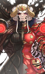  black_sclera breasts cape colored_sclera edelgard_von_hresvelg edelgard_von_hresvelg_(hegemon_husk) female fire_emblem fire_emblem:_three_houses gonzarez hair_ornament highres horns long_hair long_sleeves looking_at_viewer medium_breasts mismatched_sclera monster monster_girl purple_eyes red_eyes simple_background solo white_hair 