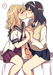  2girls absurdres bad_id bad_pixiv_id bed black_hair blazer blonde_hair blush closed_eyes commentary_request commission flower french_kiss hair_flower hair_ornament hairband heart highres holding_hands interlocked_fingers jacket kissing medium_hair multiple_girls nanamori_school_uniform oomuro-ke oomuro_sakurako school_uniform simple_background sitting skeb_commission skirt spoken_heart sweat tennosuke_(tejons) tongue white_background yaeno_miho yuri yuru_yuri 