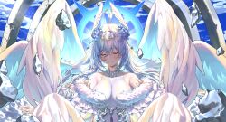  absurdres ahoge angel angel_wings bare_shoulders blue_flower breasts cleavage closed_eyes closed_mouth cloud feather_boa feathered_wings female floating_rock flower gem grey_hair hair_between_eyes hair_flower hair_ornament halo head_wings highres indie_virtual_youtuber long_hair nanaomi_(ryniix) oumiya_emma see-through see-through_cleavage sky smile solo upper_body virtual_youtuber white_wings wings 