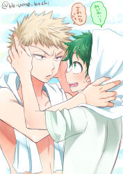  2boys bakugou_katsuki blonde_hair boku_no_hero_academia freckles green_eyes green_hair male_focus midoriya_izuku multiple_boys open_mouth red_eyes shirt short_hair spiked_hair topless_male towel towel_around_neck ume_(326310) white_shirt yaoi 