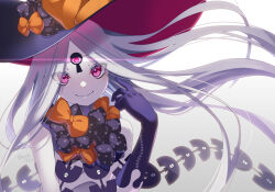  abigail_williams_(fate) abigail_williams_(third_ascension)_(fate) bare_shoulders black_bow black_hands black_hat blush bow breasts colored_extremities colored_skin fate/grand_order fate_(series) female forehead hairbow hat keyhole long_hair looking_at_viewer orange_bow parted_bangs red_eyes ryofuhiko small_breasts smile solo third_eye white_hair white_skin witch_hat 