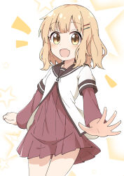  :d blonde_hair blush brown_eyes brown_sailor_collar commentary_request cowboy_shot dress female hair_between_eyes hair_ornament hairclip highres layered_sleeves long_sleeves looking_at_viewer medium_hair nanamori_school_uniform oerba_yun_fang oomuro_sakurako open_mouth pleated_dress red_dress sailor_collar school_uniform short_dress short_over_long_sleeves short_sleeves skin_fang smile solo standing starry_background toramaru2001710 white_background yuru_yuri 