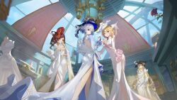  4girls :d absurdres alternate_costume asymmetrical_gloves backless_dress backless_outfit bare_back black_gloves black_hat blonde_hair blue_eyes blue_hair blue_hat bottle breasts brown_hair chinese_commentary chiori_(genshin_impact) commentary_request day dress drill emilie_(genshin_impact) flower from_behind furina_(genshin_impact) genshin_impact glasses gloves hair_between_eyes hat hat_feather hat_flower highres holding holding_bottle indoors light_blue_hair long_sleeves looking_at_viewer medium_breasts mismatched_gloves multicolored_hair multiple_girls navia_(genshin_impact) qixia red_eyes small_breasts smile streaked_hair teeth upper_teeth_only white_dress white_flower white_gloves white_hair white_hat yellow_flower 