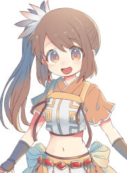  :d belt brown_eyes brown_hair commentary_request cowboy_shot earrings female jewelry kidhukaji long_hair looking_at_viewer magia_record:_mahou_shoujo_madoka_magica_gaiden magical_girl mahou_shoujo_madoka_magica midriff open_mouth orange_shirt orange_skirt shirt short_sleeves side_ponytail sidelocks simple_background skirt smile solo standing white_background yui_tsuruno 