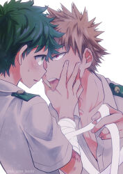  2boys bakugou_katsuki bandaged_arm bandages blonde_hair boku_no_hero_academia freckles green_eyes green_hair male_focus midoriya_izuku multiple_boys red_eyes school_uniform shirt short_hair spiked_hair tongue tongue_out u.a._school_uniform ume_(326310) white_shirt yaoi 