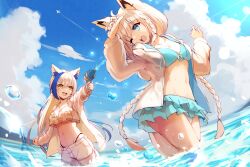  2girls absurdres ahoge animal_ear_fluff animal_ears aomiya_yozuri bikini bikini_skirt blue_bikini blue_hair braid breasts cat_ears cat_girl cat_tail cloud cloudy_sky commentary_request day earrings floral_print fox_ears fox_girl fox_tail green_eyes hair_between_eyes highres hololive hood hoodie jewelry long_hair looking_at_another multicolored_hair multiple_girls navel ocean open_clothes open_hoodie outstretched_arm shirakami_fubuki shirakami_fubuki_(hololive_summer_2019) short_shorts shorts sidelocks single_braid sky small_breasts streaked_hair sue_(bg-bros) swimsuit tail vee_(vtuber) virtual_youtuber wading water_gun white_hair white_hoodie white_shorts yellow_eyes 