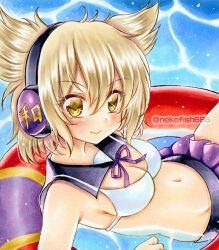  antenna_hair bikini black_sailor_collar blush breasts brown_eyes brown_hair cleavage closed_mouth earmuffs female hashtag-only_commentary innertube looking_at_viewer marker_(medium) medium_breasts navel nekofish666 pointy_hair sailor_collar smile solo swim_ring swimsuit touhou toyosatomimi_no_miko traditional_media twitter_username upper_body white_bikini 