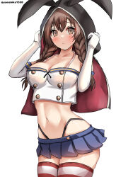  absurdres black_capelet black_neckerchief black_panties blue_skirt braid breasts brown_eyes brown_hair capelet cosplay elbow_gloves female gloves highleg highleg_panties highres hood hood_up hooded_capelet horizontal-striped_thighhighs kantai_collection large_breasts long_hair microskirt mizuki_(uzuki_no_sato) navel neckerchief panties pleated_skirt shimakaze_(kancolle) shimakaze_(kancolle)_(cosplay) shinshuu_maru_(kancolle) skirt solo striped_clothes striped_thighhighs thighhighs thong twin_braids underwear white_gloves 