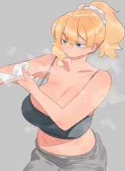  ahoge blonde_hair blue_eyes breasts cleavage closed_mouth collarbone commentary commentary_request english_commentary female florida-chan_(ryusei_hashida) grey_background grey_pants highres large_breasts midriff mixed-language_commentary navel original pants ponytail ryusei_hashida short_hair simple_background solo sweat veins veiny_breasts 