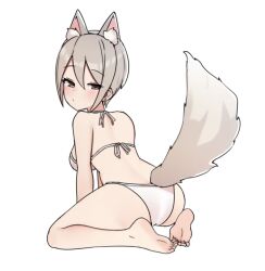  aa211108 animal_ears bare_legs bare_shoulders barefoot bikini blush breasts brown_eyes closed_mouth dot_nose double-parted_bangs earrings eyelashes fake_animal_ears fake_tail female fox_ears fox_tail from_behind full_body hair_between_eyes half-closed_eyes idolmaster idolmaster_cinderella_girls idolmaster_cinderella_girls_starlight_stage jewelry large_breasts light_brown_hair looking_back looking_down shiomi_syuko short_hair simple_background sitting solo straight_hair swimsuit tail wariza white_background white_bikini 