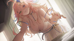  ahoge belt blue_choker blue_eyes blush breasts choker cleavage collarbone commentary_request commission covered_navel crescent curtains dress female fingernails fuji_muji green_eyes grey_belt hair_ornament heterochromia highres huge_breasts indie_virtual_youtuber indoors long_hair looking_at_viewer metatarou mole mole_on_breast mole_under_eye nail_polish parted_lips pink_hair pink_nails skeb_commission smile solo star_ornament virtual_youtuber white_dress 