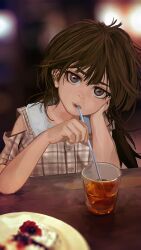  bar_(place) blurry blurry_background brown_dress brown_eyes brown_hair buttons cake cake_slice casual clothing_cutout collared_dress commentary cup dress drinking drinking_glass drinking_straw elbow_rest female food head_rest head_tilt highres holding holding_drinking_straw ira_(servachok) looking_at_viewer messy_hair original pink_lips plaid_clothes plaid_dress plate russian_commentary servachok shoulder_cutout simple_background solo table twintails upturned_eyes 