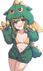  aa211108 animal_costume bikini blush breasts breasts_apart claw_pose collarbone cowboy_shot dot_nose dragon_costume dragon_wings female green_eyes green_hair highres idolmaster idolmaster_shiny_colors idolmaster_shiny_colors_song_for_prism medium_breasts medium_hair nanakusa_nichika navel oerba_yun_fang open_clothes open_mouth simple_background solo standing sweat swimsuit wavy_hair wavy_mouth white_background wings yellow_bikini 