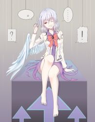  ! ... ? angel_wings barefoot bow bowtie dress feathered_wings female gag grey_hair highres holding holding_scissors improvised_gag jacket kishin_sagume long_sleeves minuo one_eye_closed open_clothes open_jacket purple_dress red_bow red_bowtie red_eyes scissors single_wing sitting solo speech_bubble string suit_jacket tape tape_gag thighs touhou white_wings wings 