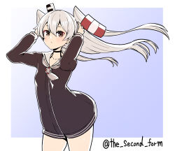  absurdres amatsukaze_(kancolle) blue_background border brown_dress brown_eyes cowboy_shot dress female gradient_background grey_hair grey_neckerchief hair_between_eyes hair_tubes highres kantai_collection lifebuoy_ornament long_hair looking_at_viewer neckerchief one-hour_drawing_challenge sailor_dress short_dress simple_background solo the_second_form twitter_username two_side_up white_border 