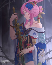  absurdres animal_ears artist_name blood blood_on_face blood_on_weapon blue_flower blue_kimono breasts closed_mouth collarbone female floral_print_kimono flower fox_ears hair_bun hair_flower hair_ornament highres holding holding_sword holding_weapon honkai_(series) honkai_impact_3rd japanese_clothes kimono medium_breasts obi pink_hair purple_eyes qr_code rifyaa sash single_hair_bun solo sword weapon yae_sakura yae_sakura_(goushinnso_memento) 