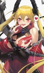  bare_shoulders black_wings blonde_hair breasts cleavage cleavage_cutout clothing_cutout commentary_request covered_navel demon_girl demon_horns demon_wings dress duel_monster earrings female grabbing_own_breast heart heart_earrings highres horns jewelry lacrima_the_scarlet_sorrow large_breasts long_hair multicolored_hair pointy_ears red_dress red_eyes red_hair sayaka_ikku solo wings yu-gi-oh! 