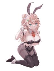  animal_ears bare_shoulders black_leotard black_pantyhose black_thighhighs blonde_hair breasts cleavage commentary_request detached_collar fake_animal_ears fake_tail female full_body garter_straps green_eyes hair_bun highres igarashi_rika large_breasts leotard long_hair multicolored_hair necktie nijisanji pantyhose penta_(pepepen_28) playboy_bunny rabbit_ears rabbit_tail red_necktie simple_background solo strapless strapless_leotard tail thighhighs two-tone_hair white_background white_hair 