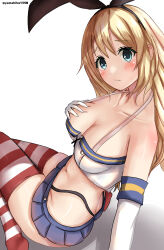  absurdres arm_support atago_(kancolle) black_hairband black_panties black_ribbon blonde_hair blue_eyes blue_skirt breasts butt_crack buttons cleavage cosplay crop_top double-breasted elbow_gloves embarrassed female from_above from_side gloves hair_between_eyes hair_ribbon hairband hand_on_own_chest highleg highleg_panties highres kantai_collection legs_together light_frown long_hair looking_at_viewer looking_back looking_up medium_breasts microskirt midriff mizuki_(uzuki_no_sato) navel panties pleated_skirt ribbon shimakaze_(kancolle) shimakaze_(kancolle)_(cosplay) shirt skindentation skirt solo striped_clothes striped_thighhighs thighhighs thighs underwear very_long_hair white_gloves white_shirt 