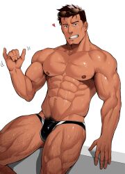  1boy abs bara bulge come_hither facial_hair feet_out_of_frame flexing_pectorals goatee_stubble groin heart highres kansuke_(kansuke_717) large_pectorals looking_at_viewer male_focus male_swimwear mature_male motion_lines muscular muscular_male navel nipples original pectorals seductive_smile shaka_sign short_hair shredded_muscles smile solo stomach stubble swim_briefs thick_eyebrows thick_leg_hair topless_male wet 