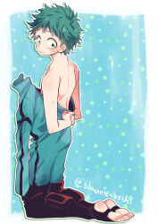  1boy back bodysuit boku_no_hero_academia closed_mouth feet freckles green_bodysuit green_eyes green_hair highres male_focus midoriya_izuku scar short_hair solo toes ume_(326310) 