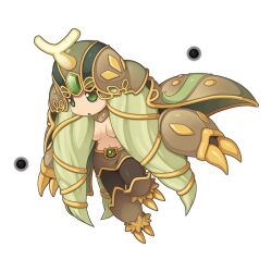  :o antennae breasts brown_pants chibi chibi_only claws female full_body gem gold_trim green_eyes green_gemstone green_hair long_hair looking_afar medium_breasts navel official_art open_mouth pants queen_scaraba ragnarok_online simple_background solo transparent_background very_long_hair yuichirou 