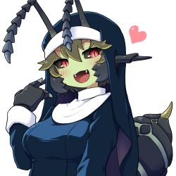  antennae_(anatomy) anthro arthropod arthropod_abdomen big_breasts blush breasts claws female green_body green_hair green_skin hair heart_symbol hi_res humanoid insects nun nun_outfit red_eyes rmtwo sharp_teeth simple_background solo stinger_(anatomy) teeth white_background 